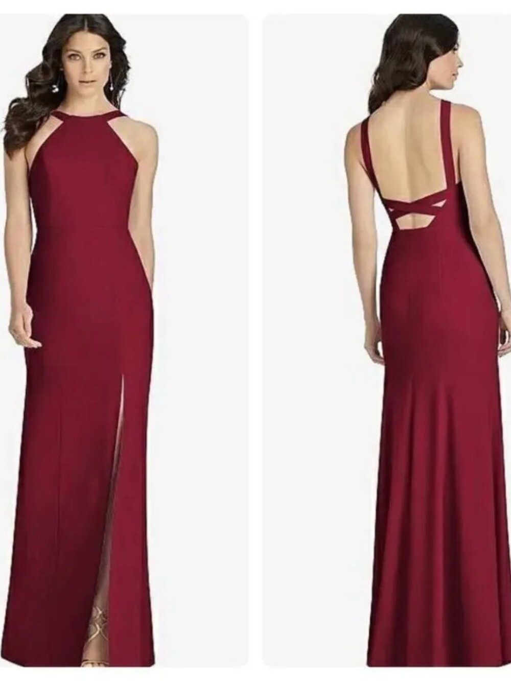 Dessy Collection 3039 High Neck Backless Crepe Trumpet Gown